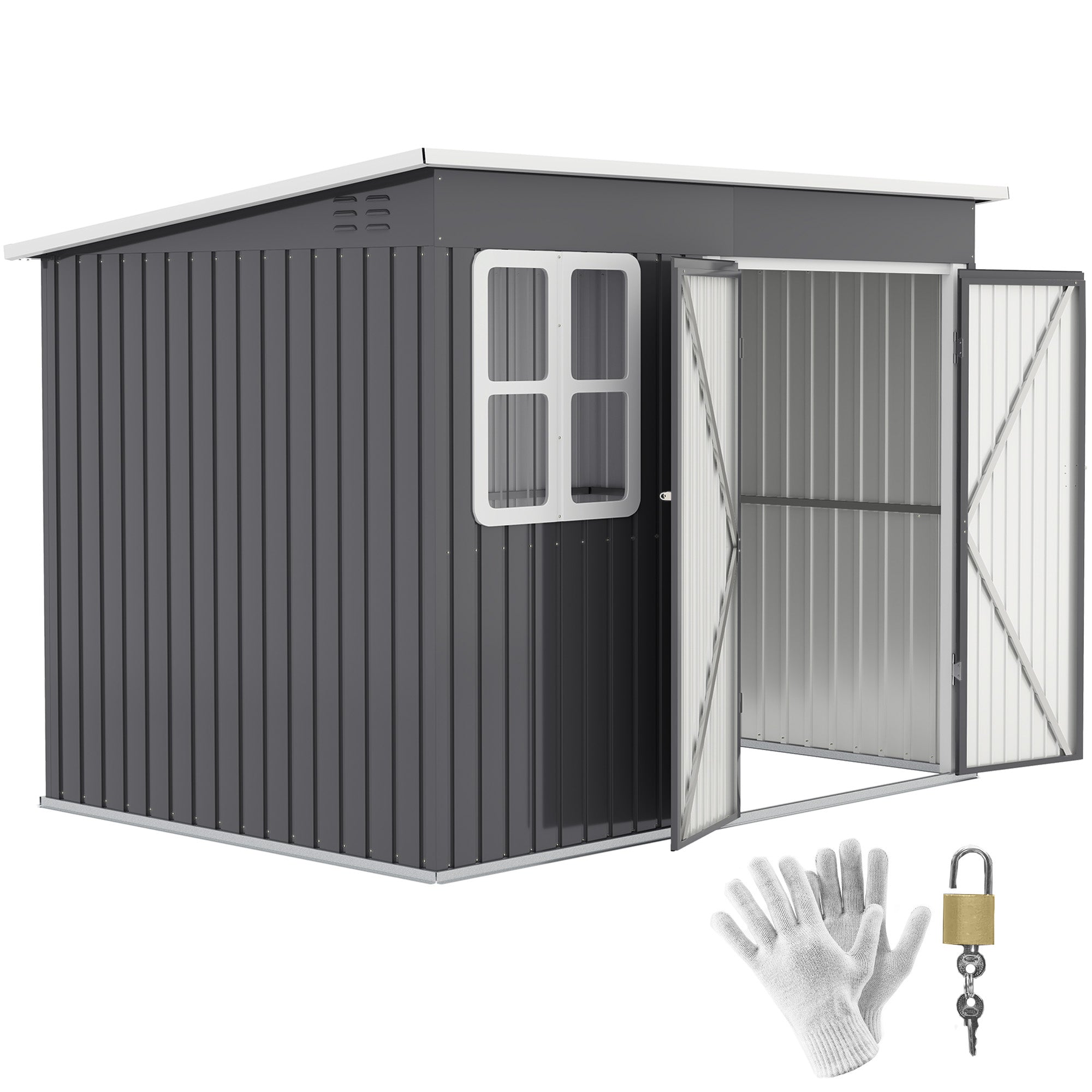Outsunny 8.5' x 6' Galvanised Steel Outdoor Storage Shed, Garden Shed with Window, Lockable Wide Doors and Air Vents, Dark Grey 