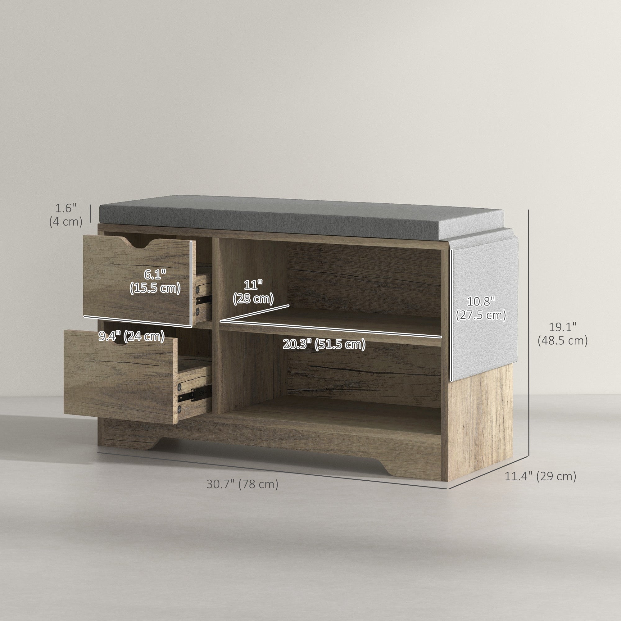 HOMCOM Upholstered Shoe Storage Bench w/ Seat, Entrance Bench w/ Drawer Open Shelves and Pocket for Hallway, Grey 