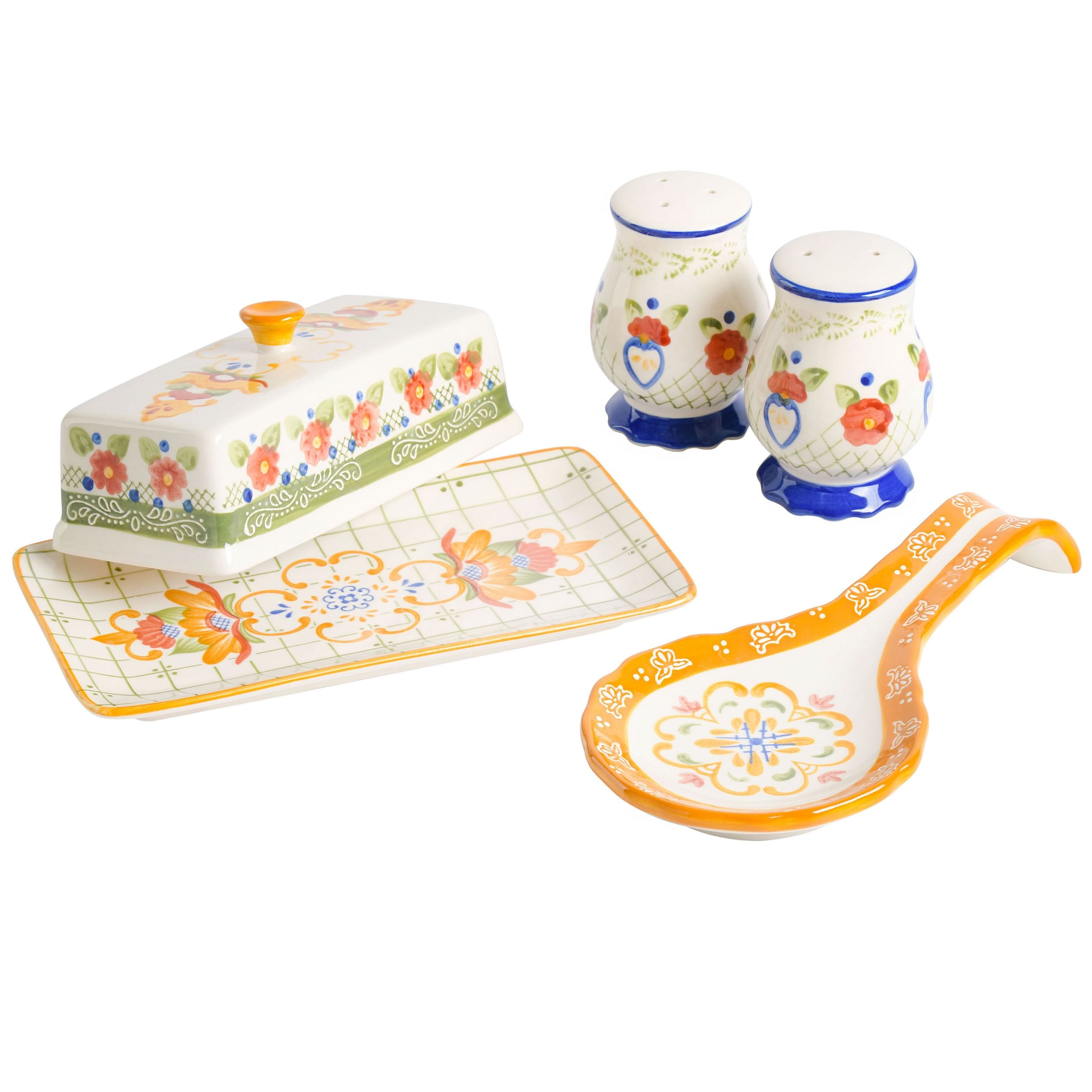 Laurie Gates Tierra 4 Piece Hand Painted Ceramic Tableware Accessory Set - Free Shipping 
