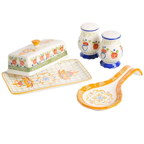 Laurie Gates Tierra 4 Piece Hand Painted Ceramic Tableware Accessory Set - Free Shipping 