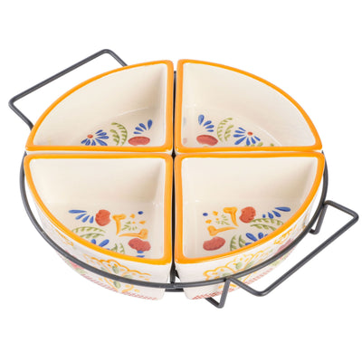 Laurie Gates Tierra 4-Section Hand Painted Stoneware Tidbit Dish with Metal Rack - Free Shipping 