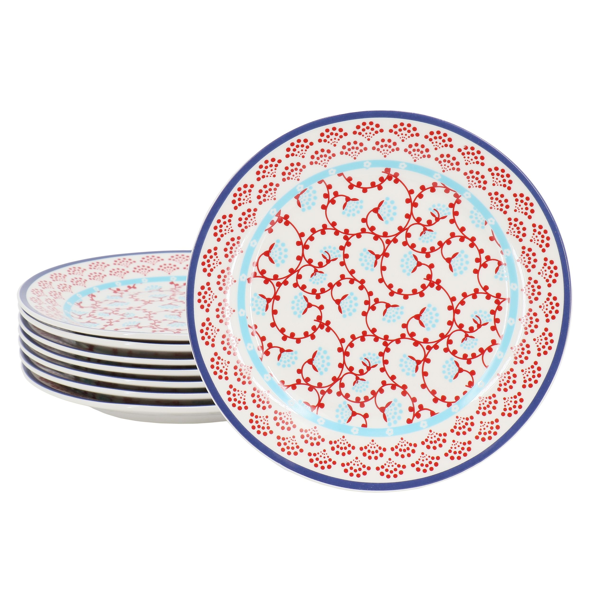 Gibson Home Village Vines Floral 8 Piece 7.4 Inch Fine Ceramic Dessert Plate Set in White and Red - Free Shipping