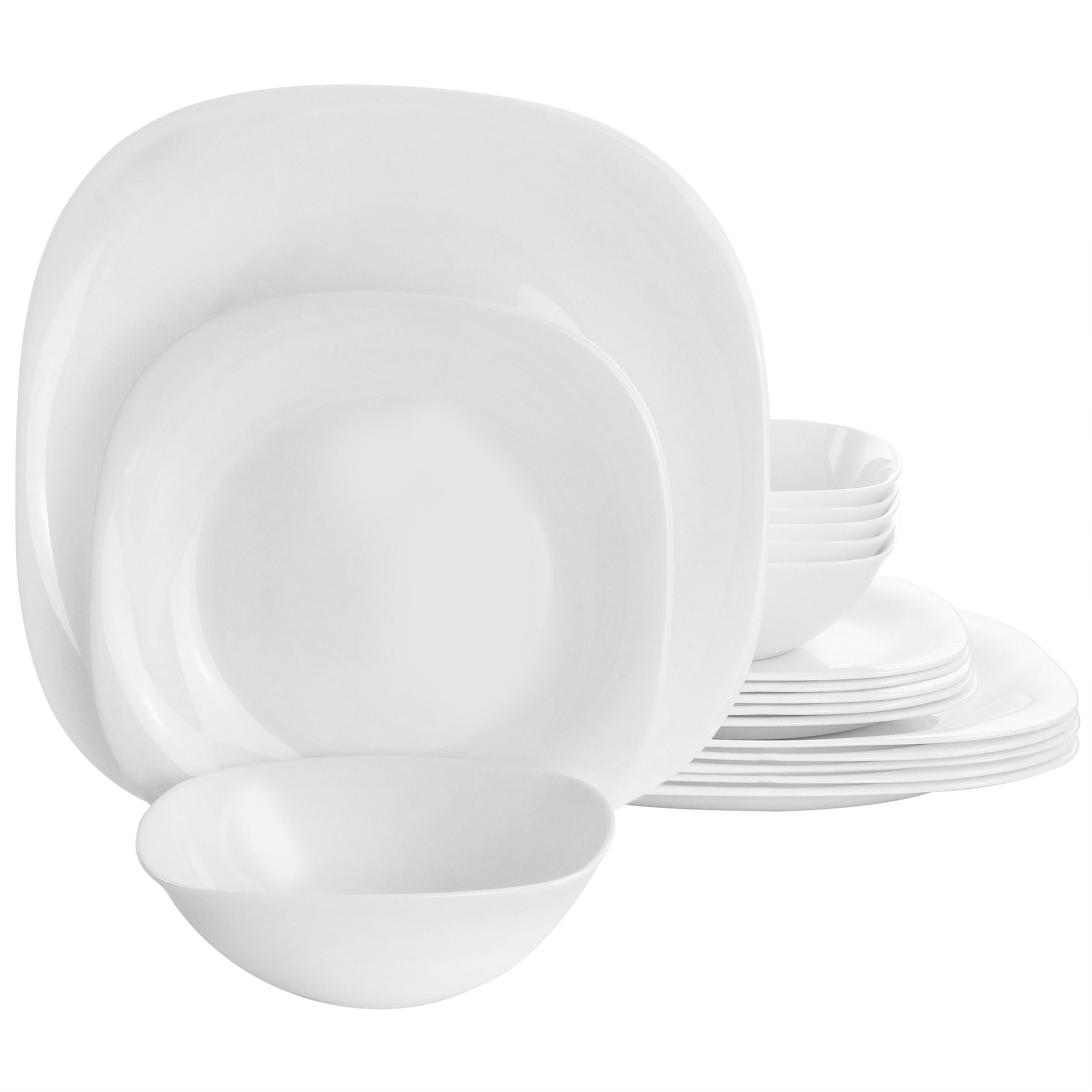 Gibson Ultra Piazza 18 Piece Soft Square Tempered Opal Glass Dinnerware Set in White - Free Shipping