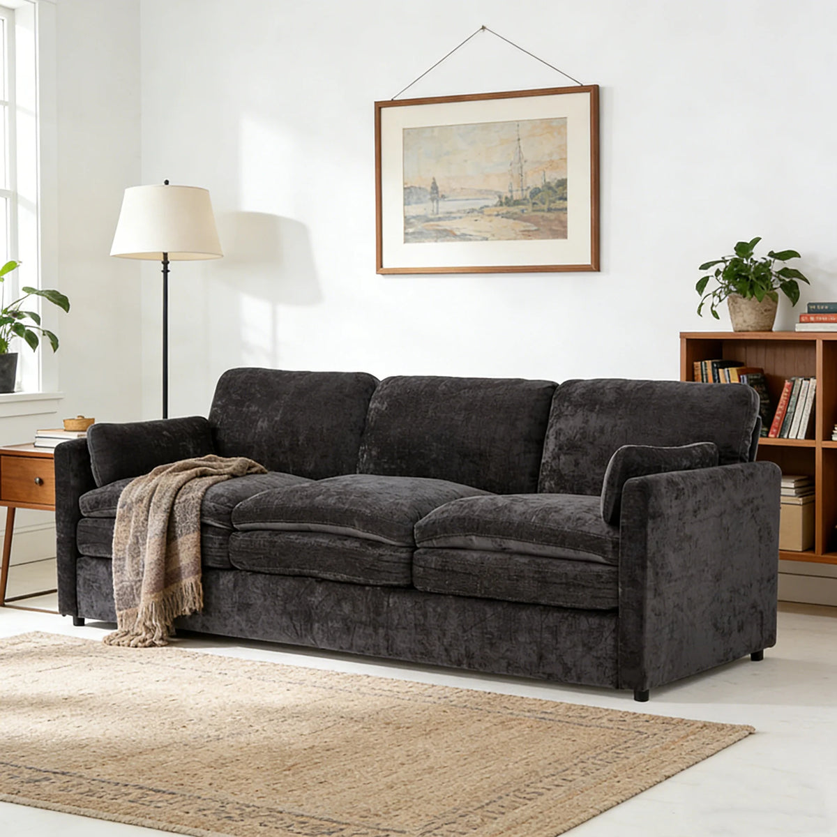 89-Inch Chenille Sofa – Modern 3-Seater Couch with 2 Removable Pillows, Black
