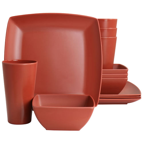 Gibson Home Grayson Melamine 12 Piece Square Dinnerware Set in Orange - Free Shipping 