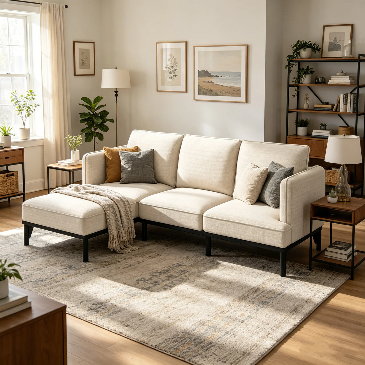 Modular 3-Seater Sofa Bed with Ottoman – Cloud Couch Lounge with Deep Cushions, Grey & Beige