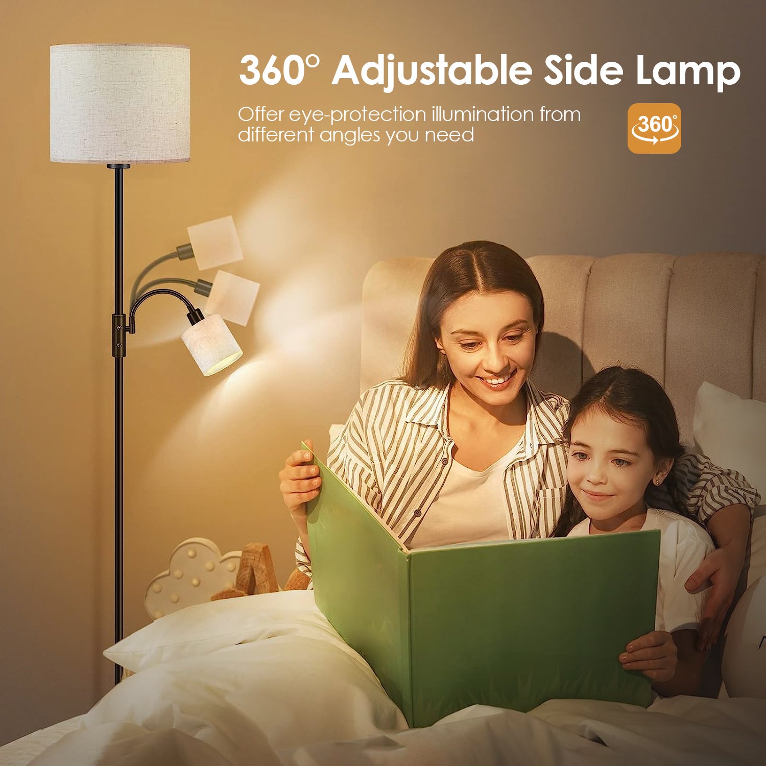 67.32In Mother Daughter Floor Lamp with Linen Shade 3200K Brightness 360° Adjustable Reading Light Modern Decoration Standing Lamp for Living Room Bed