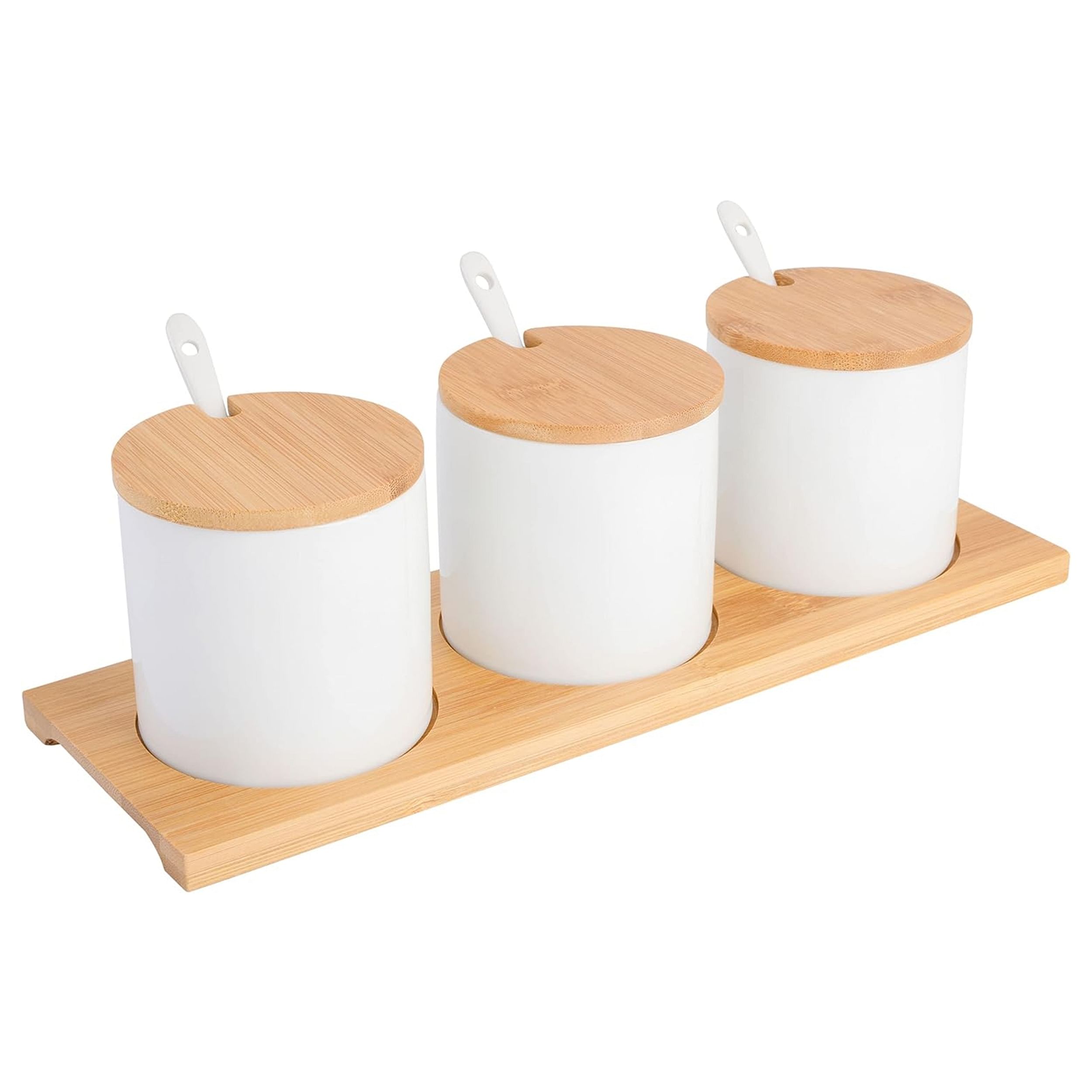 Gibson Gracious Dining 10 Piece Fine Ceramic Condiment Jars with Bamboo Lids and Spoons in White - Free Shipping