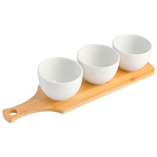 Gibson Gracious Dining 3 Piece White Fine Ceramic Tidbit Bowl Set with Bamboo Serving Tray - Free Shipping 