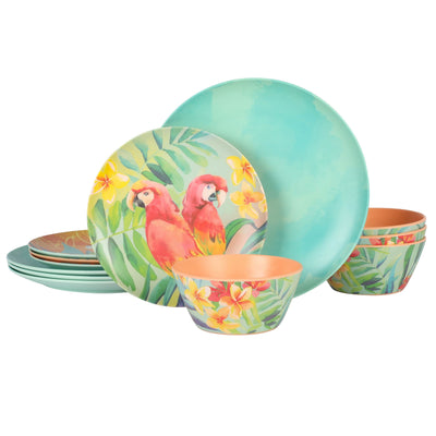 Laurie Gates Tropical Parrots 12 Piece Melamine Dinnerware Set in Assorted Designs - Free Shipping 