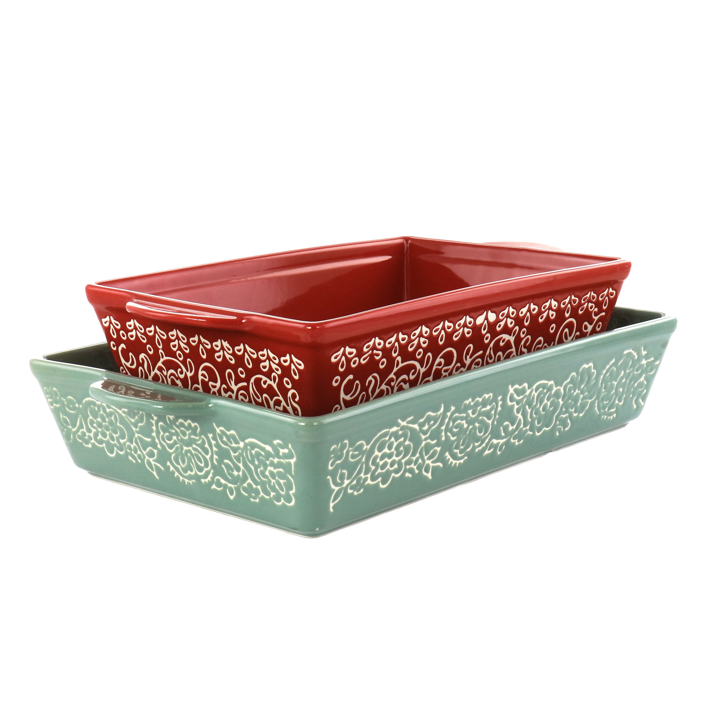 Laurie Gates 2 Piece Tierra Wax Relief Stoneware Baker Set in Red and Mint - Free Shipping 