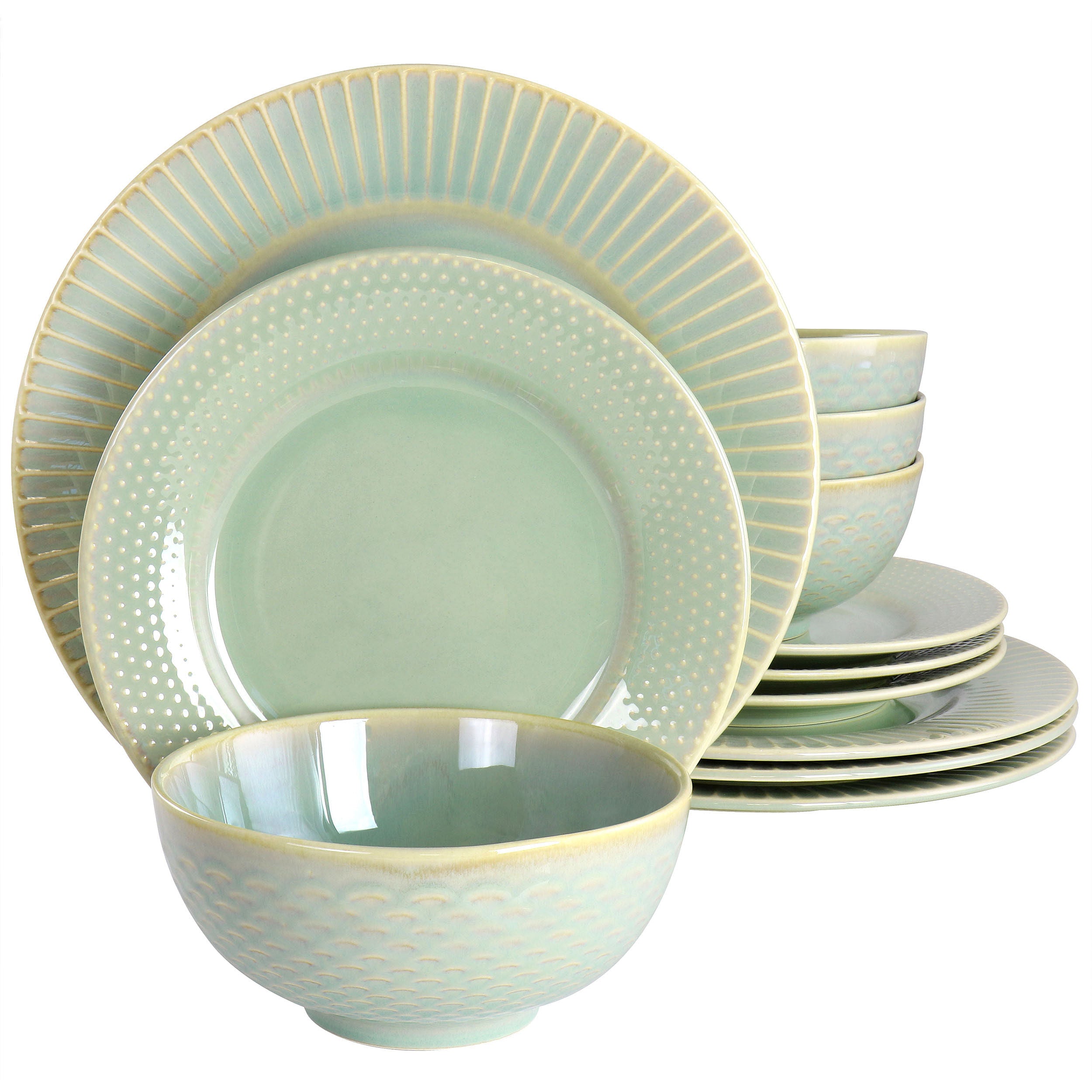 Gibson Elite Luminetts 12 Piece Fine Ceramic Dinnerware Set in Light Green - Free Shipping 