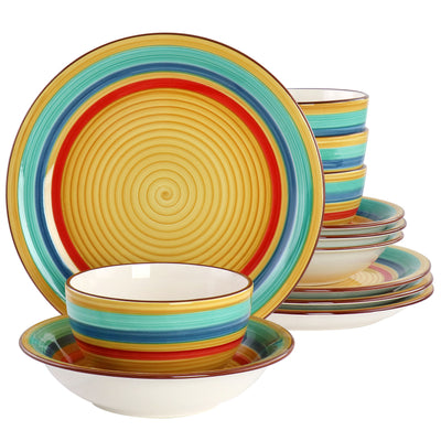 Gibson Home Rainbow 12 Piece Stoneware Dinnerware Set in Yellow Multi - Free Shipping 