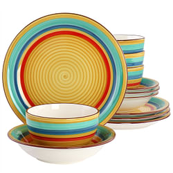 Gibson Home Rainbow 12 Piece Stoneware Dinnerware Set in Yellow Multi - Free Shipping