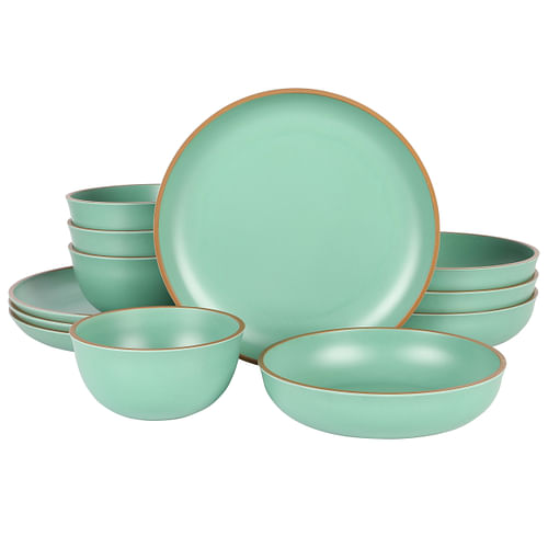 Gibson Home Rockabye 12 Piece Double Bowl Melamine Dinnerware Set in Green - Free Shipping