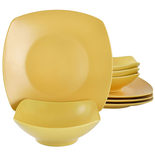 Gibson Home 8 Piece Square Stoneware Dinnerware Set in Matte Yellow Freesia - Free Shipping