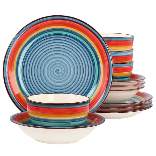 Gibson Home Rainbow 12 Piece Stoneware Dinnerware Set in Blue Multi - Free Shipping 