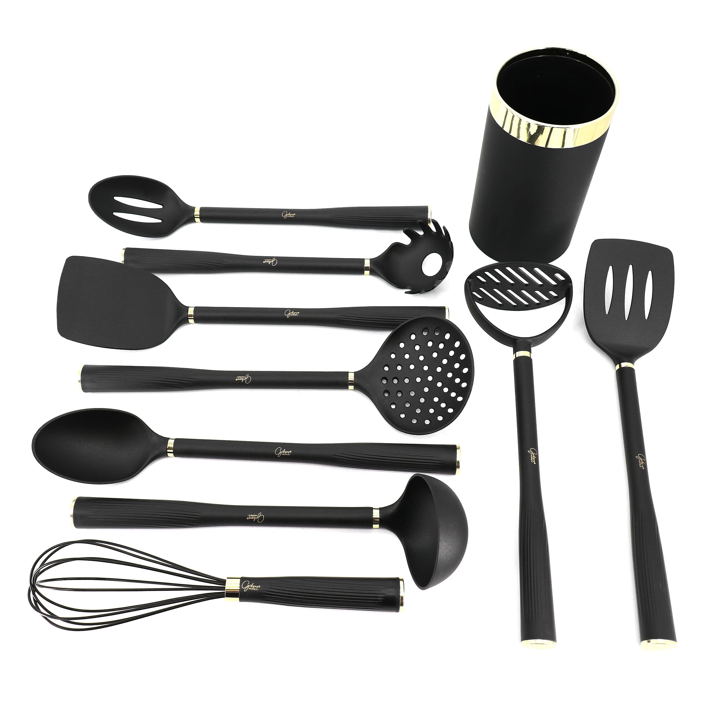 Gibson Home Hampsbridge 10 Piece Nylon Kitchen Tool Set and Utensil Crock in Black and Gold - Free Shipping