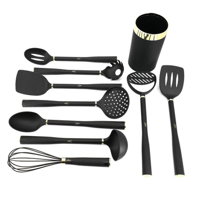 Gibson Home Hampsbridge 10 Piece Nylon Kitchen Tool Set and Utensil Crock in Black and Gold - Free Shipping 