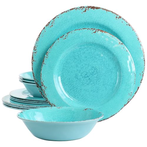 Laurie Gates Mauna 12 Piece Round Melamine Dinneware Set in Tiffany Blue - Free Shipping