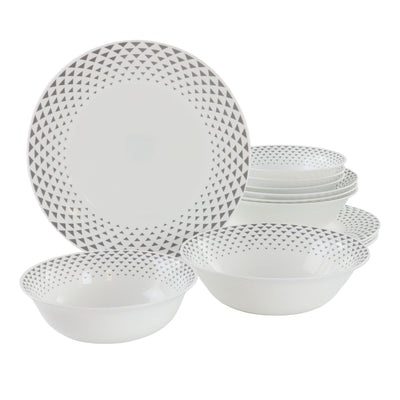 Ultra by Gibson Cane Peak 12 Piece Opal Glass Dinnerware Set in White With Grey Accents - Free Shipping 