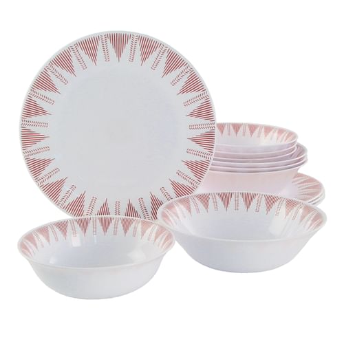 Ultra by Gibson Piper Point 12 Piece Opal Glass Dinnerware Set in White With Red Accents - Free Shipping