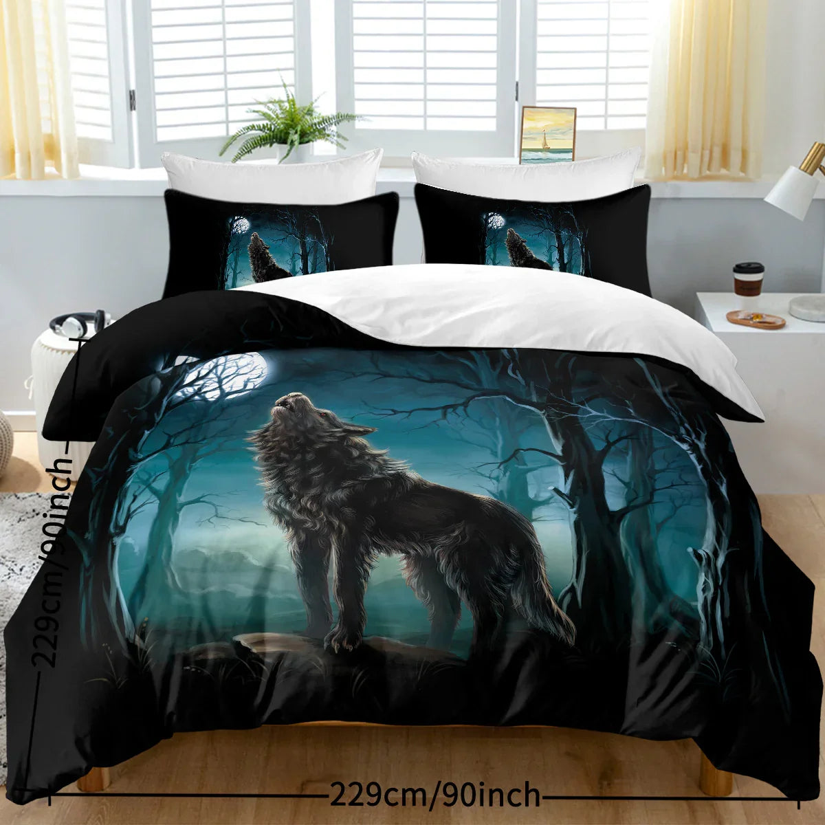 Moon Wolf Bedding Green Watercolor Forest Wolf Landscape Duvet Cover Sets 3 Pieces Wild Animal Bedding Set Twin Full Queen King Size 