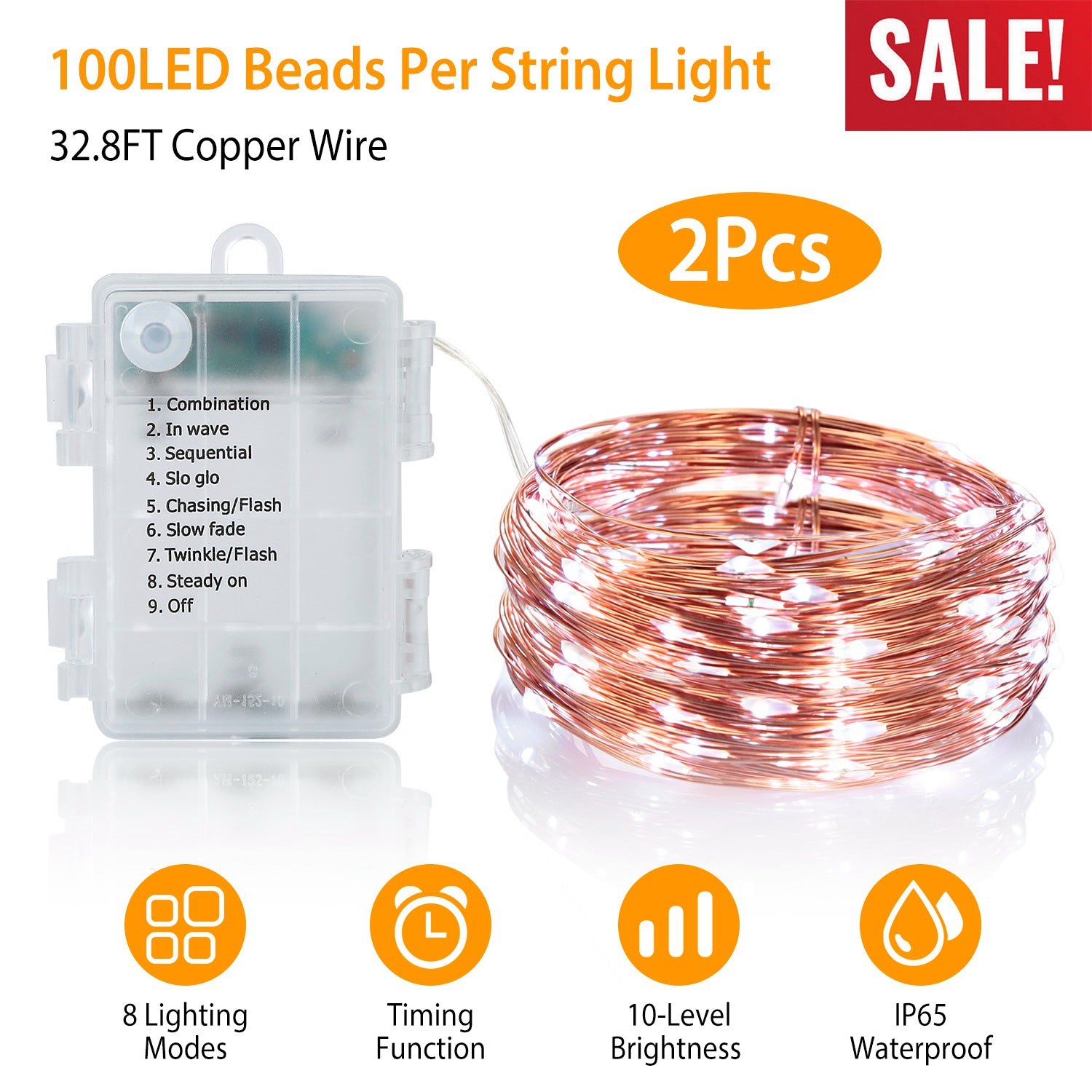 2Pcs LED String Lights 100LED Beads 32.8FT Copper Fairy Lights IP65 Waterproof Battery Operated Flash Lights with Remote Control For Wedding Party Jar 