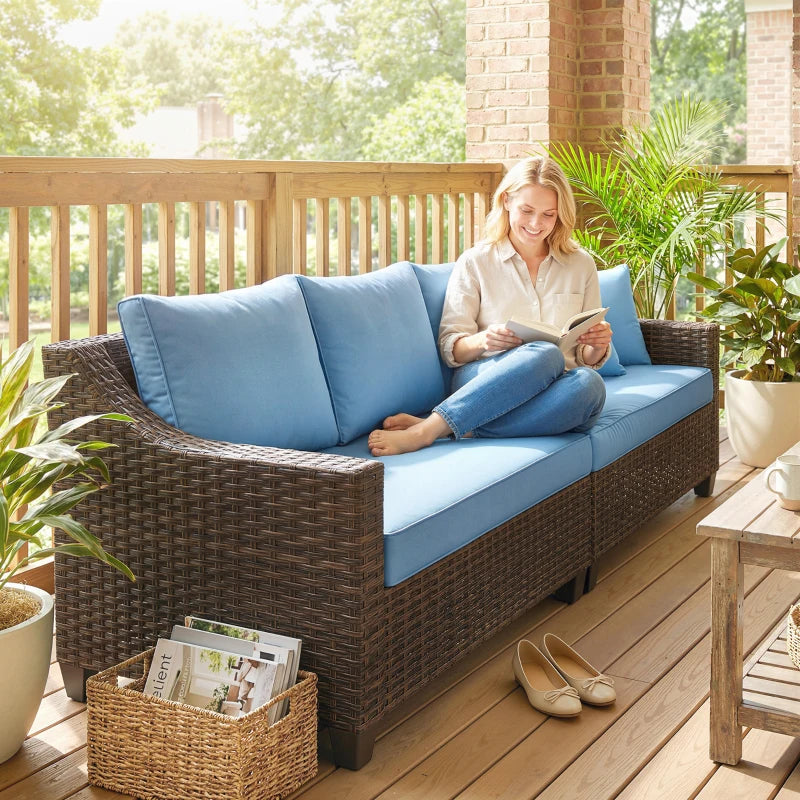 PE Wicker Outdoor Couch Sofa, 4-Seater Modular Patio Furniture Lounge Set with 2 Loveseats, Cushions, Pillows, Blue