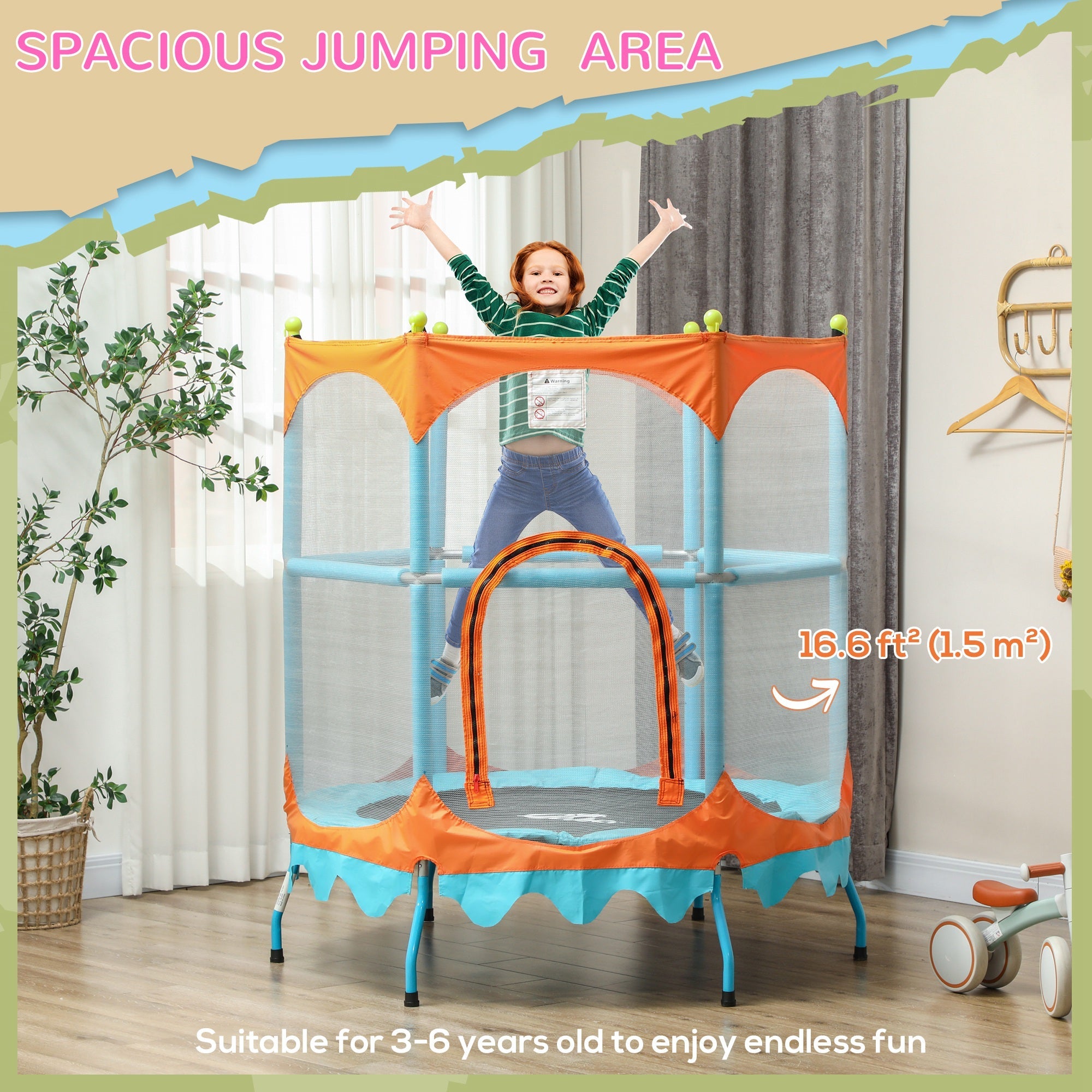Qaba Trampoline for Kids, 4.6FT Mini Toddler Trampoline Indoor Outdoor with Handlebar, Safety Enclosure Net, Blue 