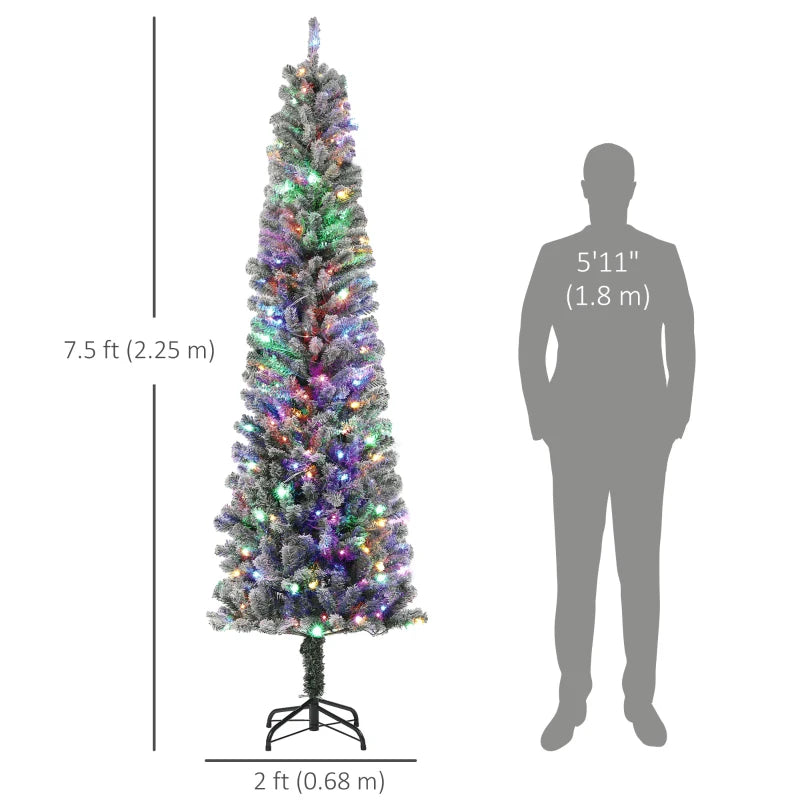 HOMCOM 6FT Prelit Pencil Christmas Tree with Remote, Slim Artificial Flocked Xmas Tree with Dual-Colour LED Lights, 429 Tips & Metal Stand 