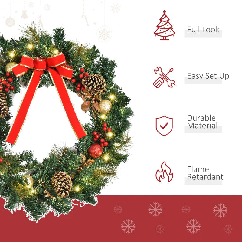 HOMCOM 24" Pre-Lit Artificial Christmas Wreath – Green Spruce with Cones, Red Berries & 20 LED Lights, Battery Operated 