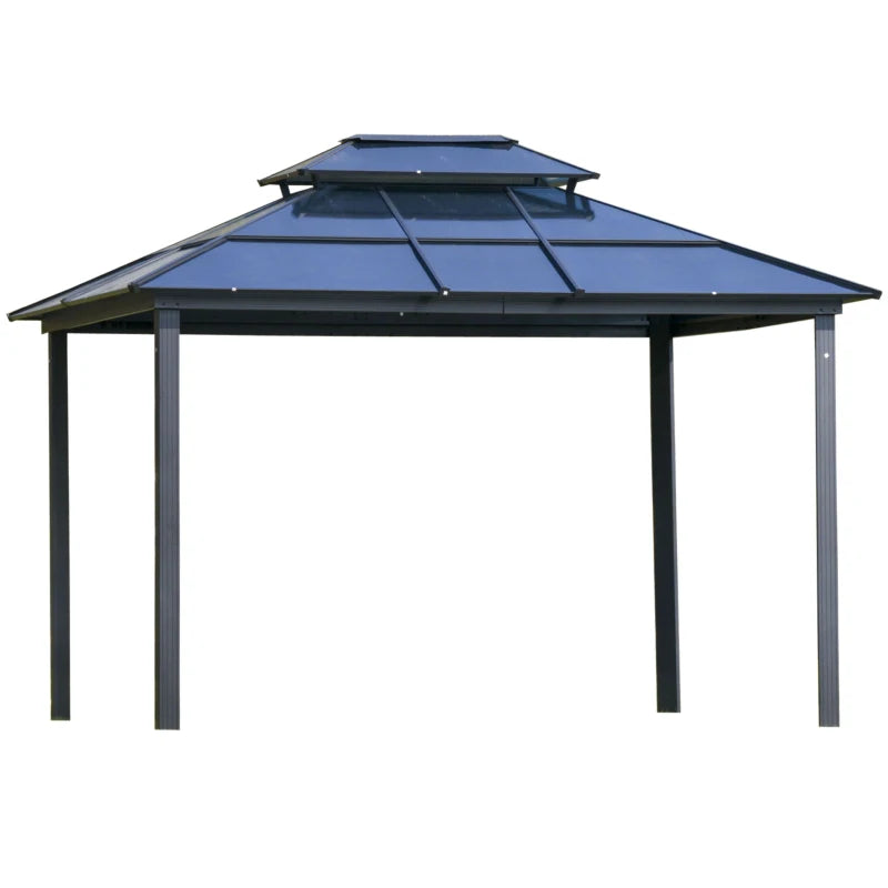 Outsunny 10'x12' Hardtop Patio Gazebo Aluminum Gazebo Canopy with Double Tier Roof, Curtains, Netting Sidewalls, Black & Grey 