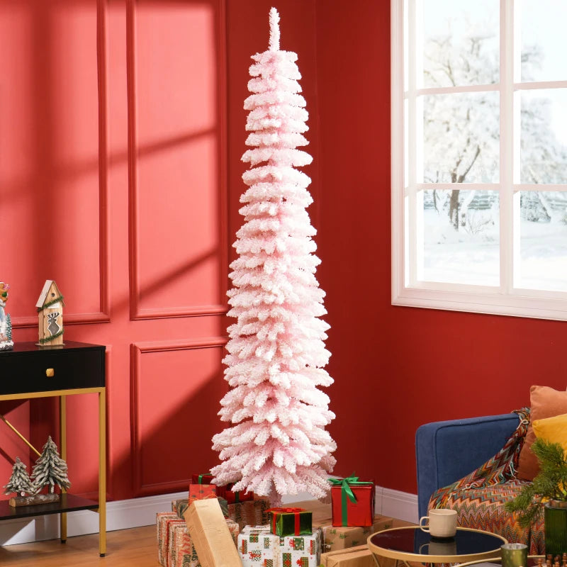 HOMCOM 7ft Snow-Flocked Artificial Christmas Tree – Slim Pencil Design, 490 Realistic Branches, Metal Base, Green 