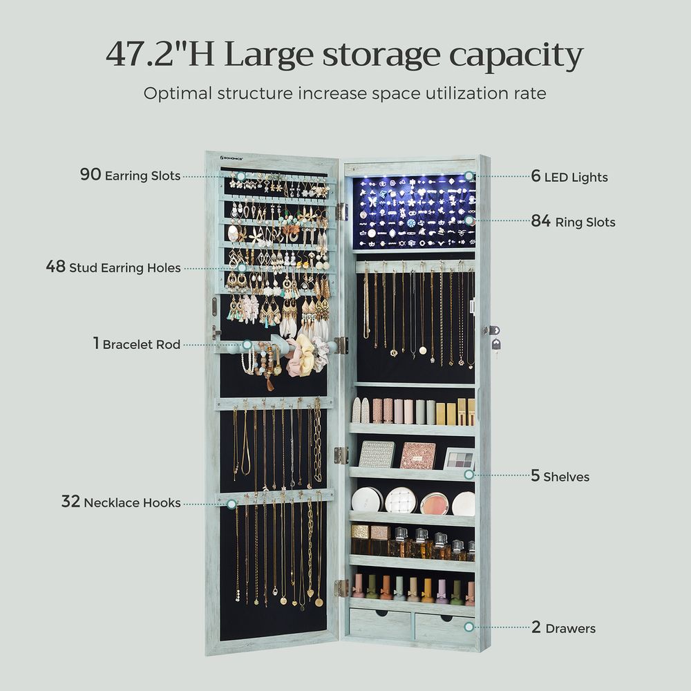SONGMICS Lockable Wall or Door Mounted Jewelry Armoire Organizer with Mirror 
