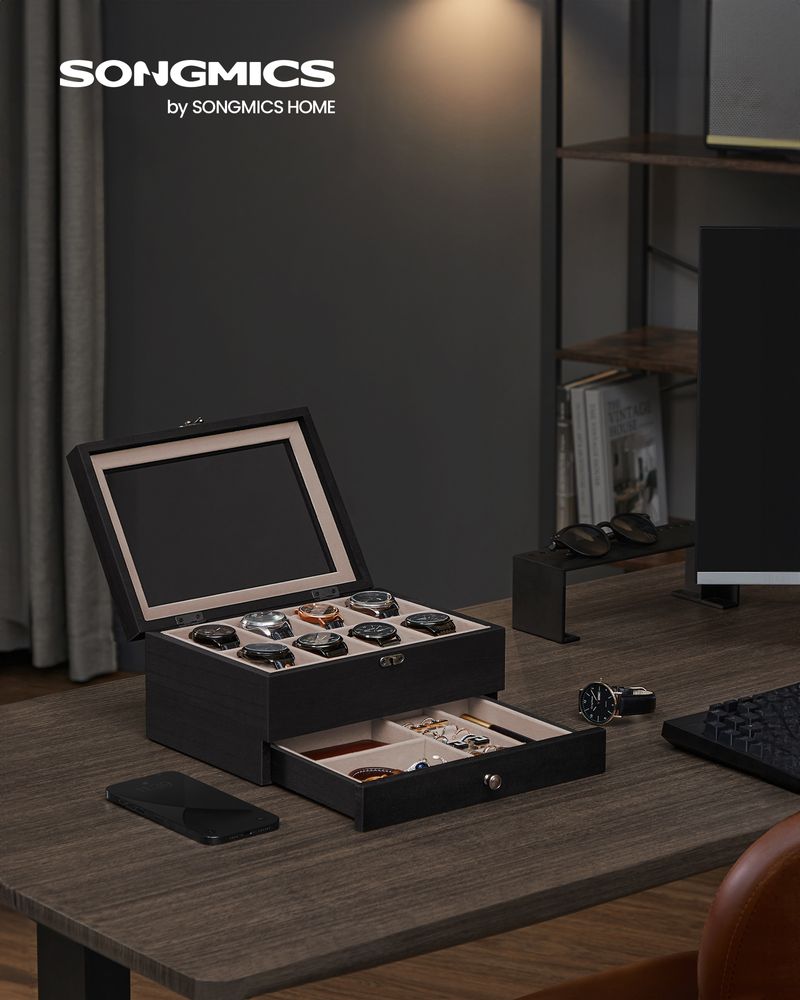 SONGMICS 8 & 12-Slot Watch Box with Large Glass Lid 