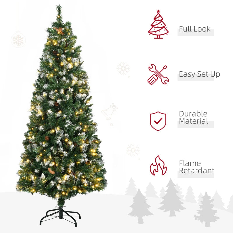 HOMCOM 7.5ft Decorated Skinny Pre-Lit Artificial Christmas Tree – Snow-Dipped Branches with Pinecones, Auto Open Design 