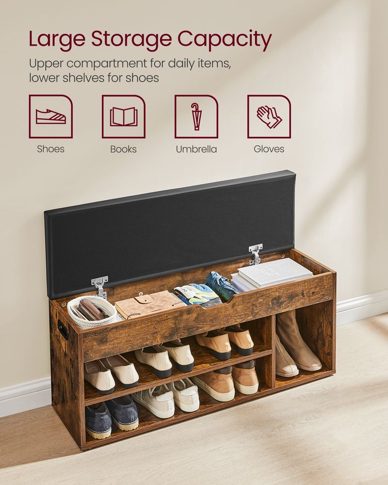 VASAGLE Storage Bench with Cushion, Padded Seat, 3 Compartments 