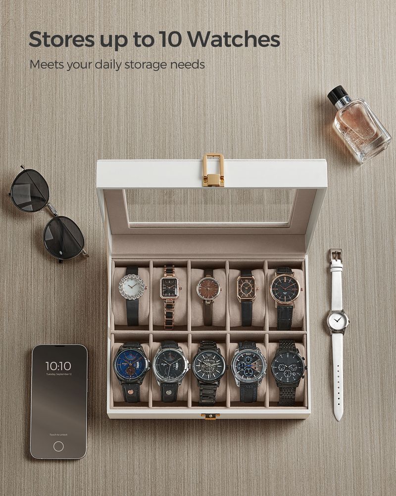 SONGMICS 10-Slot Watch Case with Large Glass Lid 
