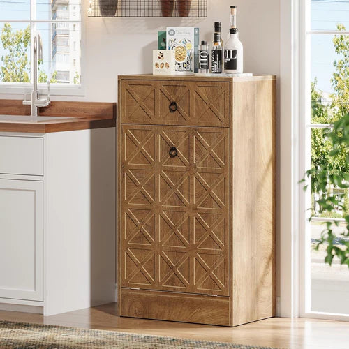 13 Gallons Tilt-Out Trash Can Cabinet with Drawer Wooden Hidden Garbage Bin Organizer for Kitchen Laundry Room Brown
