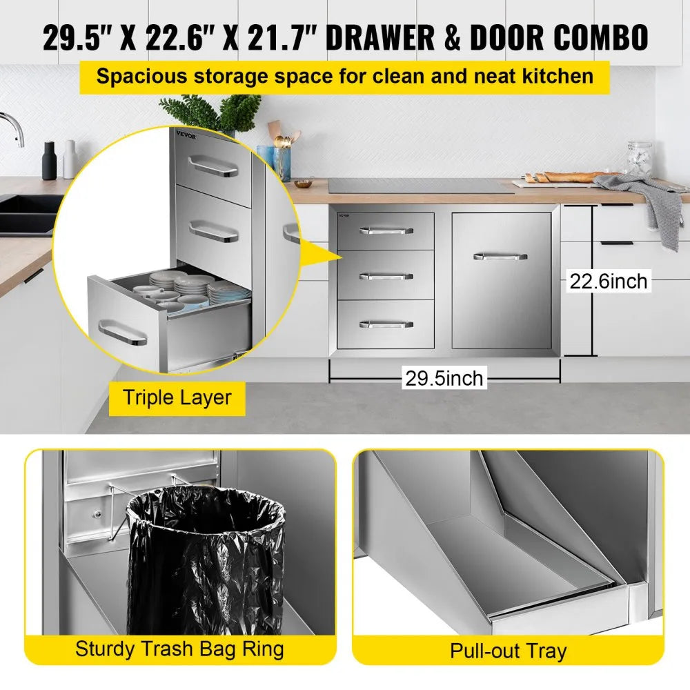 VEVOR Outdoor Kitchen Door Drawer Combo 29.5\" W x 22.6\" H x 21.7\'\'D, Access Door/Triple Drawers with Propane Drawer and Adjustable Garbage Ring, Perfect for BBQ Island Patio Grill Station