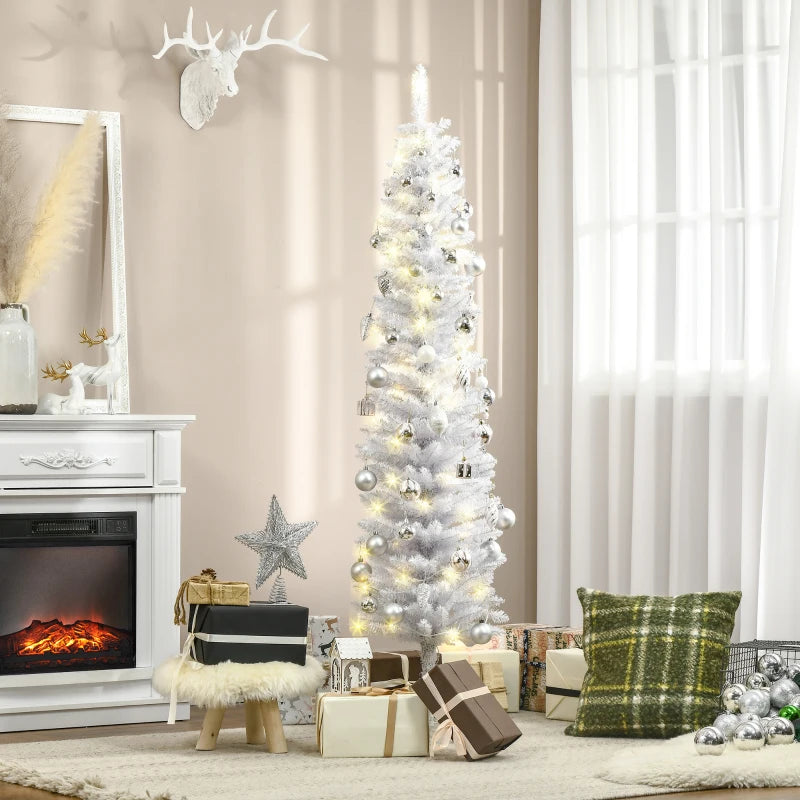 HOMCOM 6ft Prelit Pencil Artificial Christmas Tree – 395 Realistic Branches, 100 LED Lights, Foldable Metal Base, White 