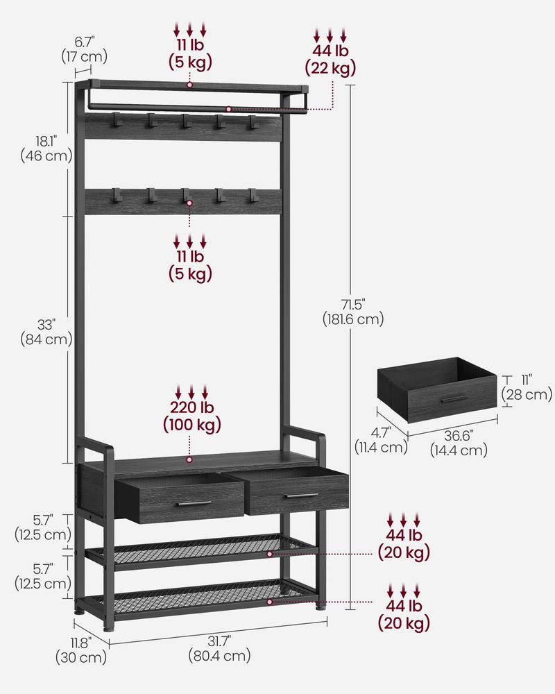 VASAGLE Hall Tree with Bench and Shoe Storage 