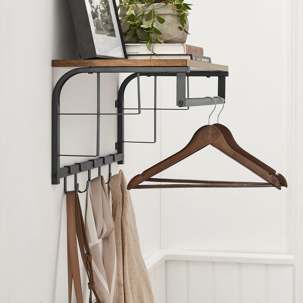 VASAGLE Wall-Mounted Coat Rack with Hanging Rod and Storage Shelf 