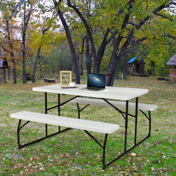 Indoor and Outdoor Folding Picnic Table Bench Set with Wood-like Texture-White