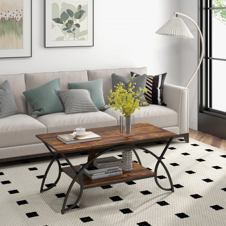 2-Tier Faux Marble Coffee Table with Marble Top and Metal Frame-Rustic Brown