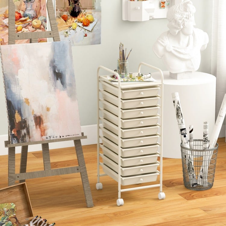 10 Drawer Rolling Storage Cart Organizer with 4 Universal Casters-White