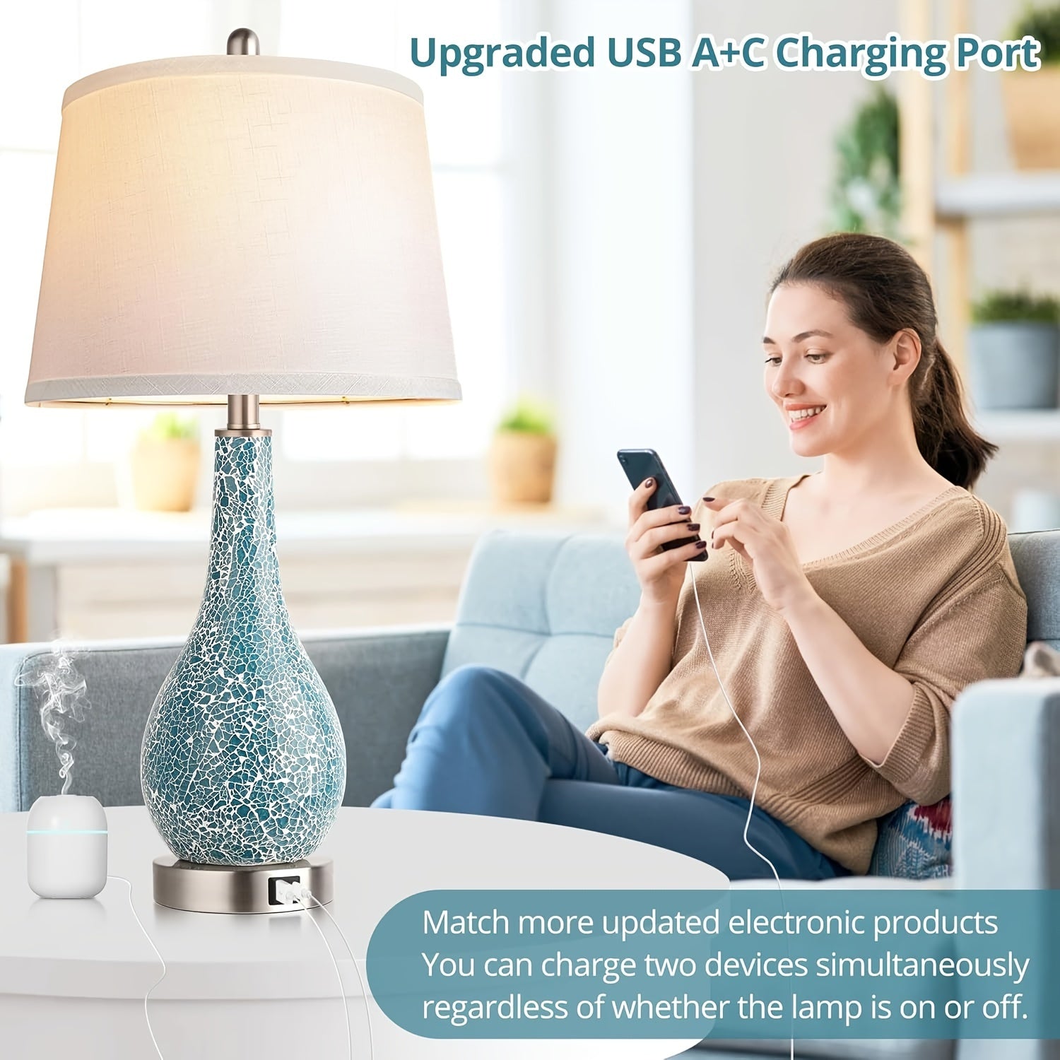 Blue Table Lamps For Bedroom Set Of 2,  With USB A+C Ports, 26" Coastal Large Nightstand Lamp - LED Bulb Included 