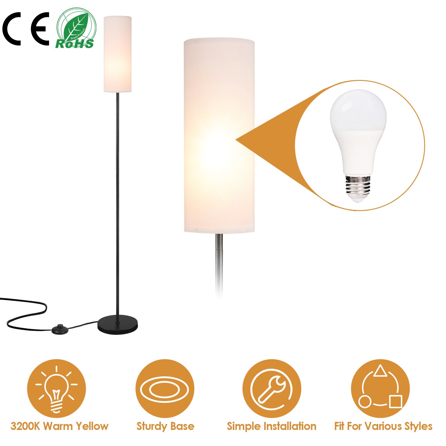 74.8in Tall Floor Lamp with Shade 3200K Warm Yellow Light Modern Standing Lamp Decorative Lamp with Foot Switch 6W Bulb for Bedroom Living Room