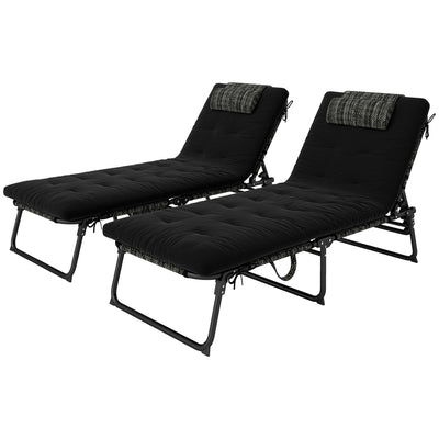 Outsunny 2-Piece Folding Lounge Chairs with Adjustable Backrest, Tanning Chair with Cushion, Side Pocket, Headrest, Black 